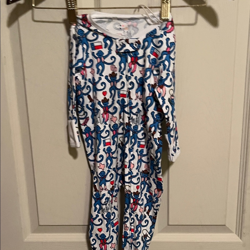 Roller Rabbit White Kids Pajama Set with Blue Monkey Print and Pink Accents